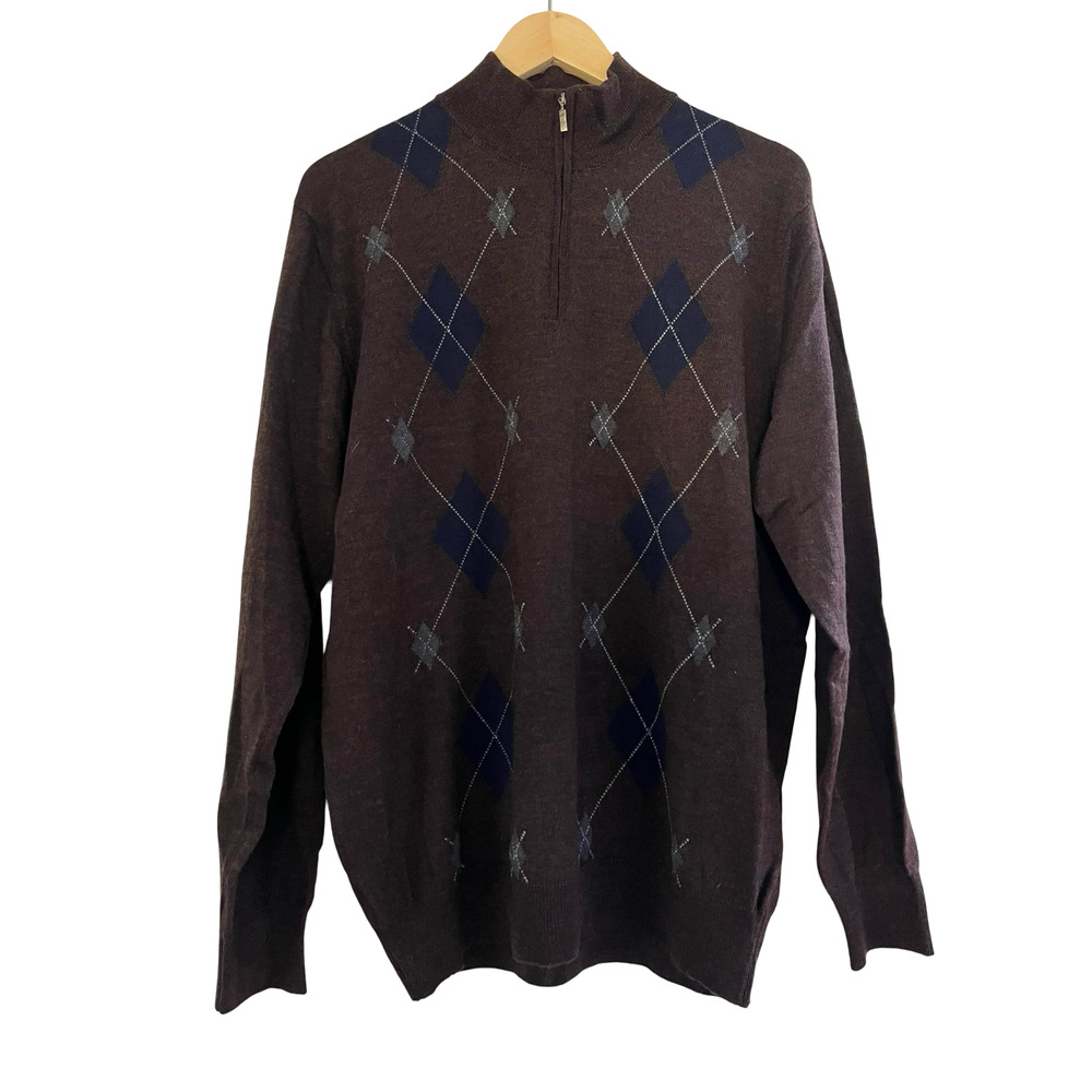 Neiman Marcus Argyle 1/4 Zip Merino‎ Wool Mens Sweater Size L Brown Grandpacore